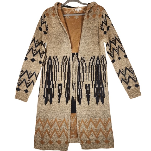 Baciano Hooded Cardigan Sweater M Tan Black Aztec Print Open Front Longline - Picture 1 of 10